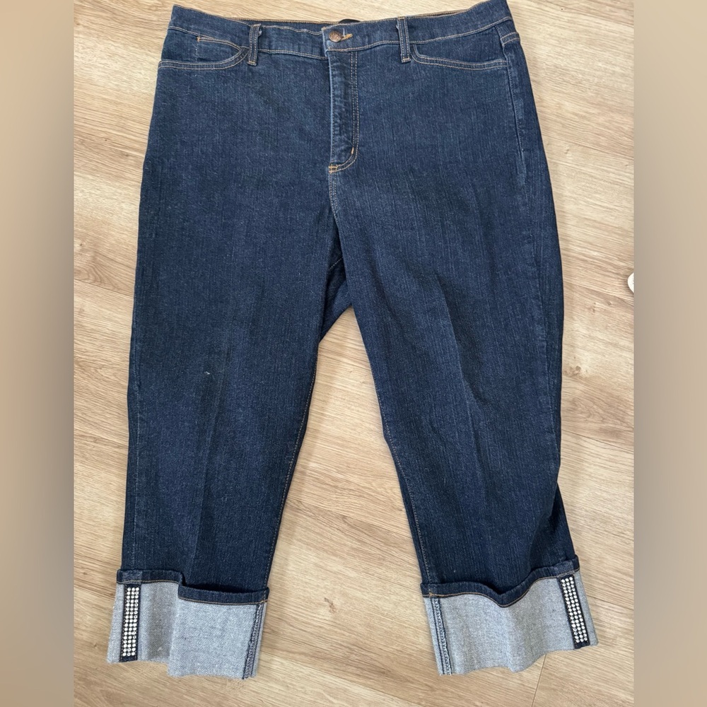 SOLD - NYDJ Women’s Embellished Folded Cuff Dark Blue Straight Jeans Size 16